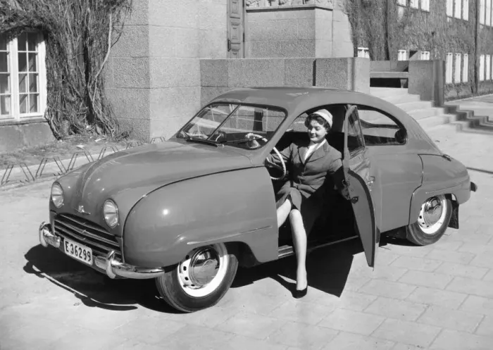 Framed Print : 1954 Saab 92b with female model. Creator: Unknown Framed Print : 1954 Saab 92b with female model. Creator: Unknown