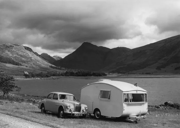 Framed Print : 1955 MG ZA Magnette with 1954 Pipit Caravan. Creator: Unknown Framed Print : 1955 MG ZA Magnette with 1954 Pipit Caravan. Creator: Unknown