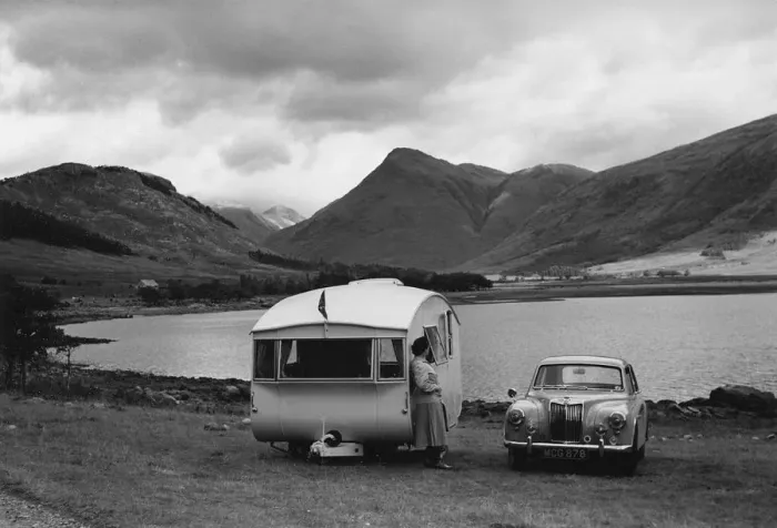 Framed Print : 1955 MG ZA Magnette with 1954 Pipit Caravan. Creator: Unknown Framed Print : 1955 MG ZA Magnette with 1954 Pipit Caravan. Creator: Unknown