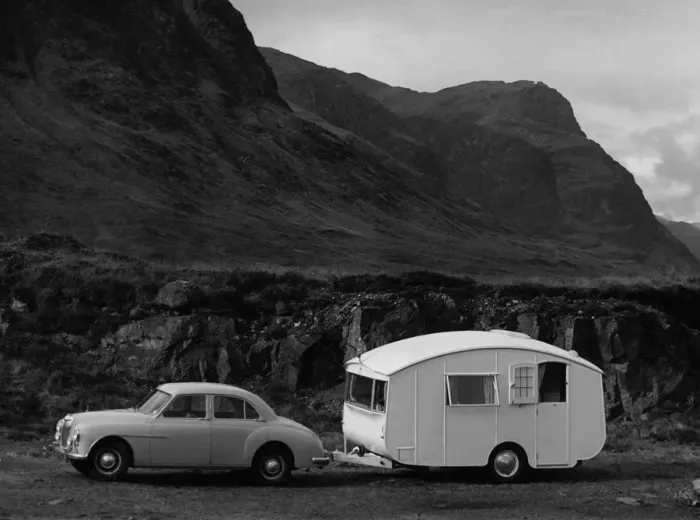Framed Print : 1955 MG ZA Magnette with 1954 Pipit Caravan. Creator: Unknown Framed Print : 1955 MG ZA Magnette with 1954 Pipit Caravan. Creator: Unknown