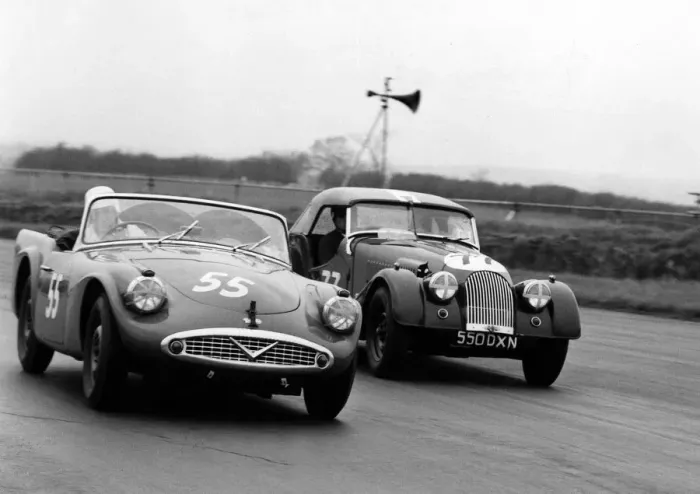 Framed Print : 1961 Daimler SP250, Hon. B. Fielding and Morgan +4, Jones. At Silverstone. Creator: Unknown Framed Print : 1961 Daimler SP250, Hon. B. Fielding and Morgan +4, Jones. At Silverstone. Creator: Unknown