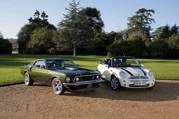 1968 Ford Mustang with 2006 Mini Cooper convertible. Creator: Unknown
