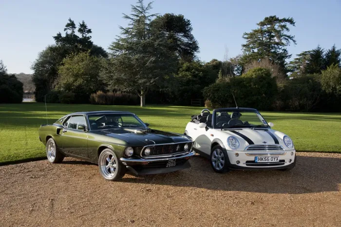 Framed Print : 1968 Ford Mustang with 2006 Mini Cooper convertible. Creator: Unknown Framed Print : 1968 Ford Mustang with 2006 Mini Cooper convertible. Creator: Unknown