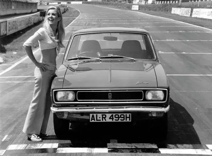 Framed Print : 1969 Hillman Hunter GT with female model Framed Print : 1969 Hillman Hunter GT with female model