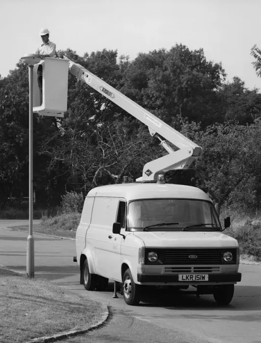 Framed Print : 1981 Ford Transit 190 van with extending boom. Creator: Unknown Framed Print : 1981 Ford Transit 190 van with extending boom. Creator: Unknown