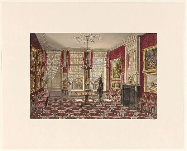 19th century interior with paintings and standing figure, 1842-1848. Creator: Augustus Wijnantz