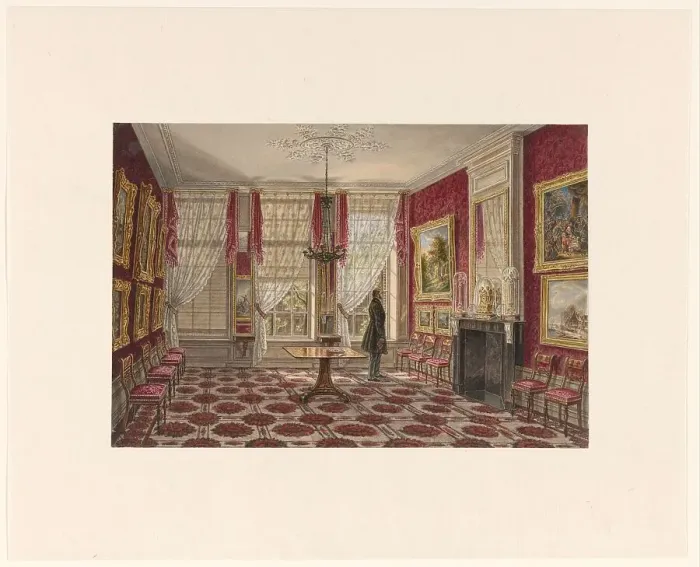 Framed Print : 19th century interior with paintings and standing figure, 1842-1848. Creator: Augustus Wijnantz Framed Print : 19th century interior with paintings and standing figure, 1842-1848. Creator: Augustus Wijnantz