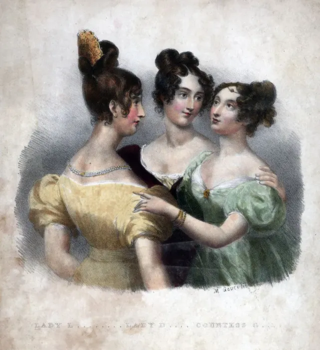 Framed Print : Three 19th century ladies. Artist: Maxim Gauci Framed Print : Three 19th century ladies. Artist: Maxim Gauci
