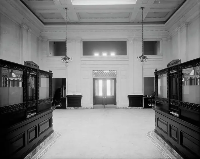 Framed Print : 19th Ward Bank, Thirty-fourth Street Branch, interior, New York, N.Y. between 1905 and 1915. Creator: Unknown Framed Print : 19th Ward Bank, Thirty-fourth Street Branch, interior, New York, N.Y. between 1905 and 1915. Creator: Unknown