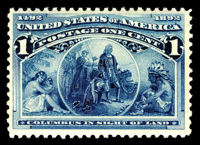 Framed Print : 1c Columbus in Sight of Land single, 1893. Creator: American Bank Note Company Framed Print : 1c Columbus in Sight of Land single, 1893. Creator: American Bank Note Company