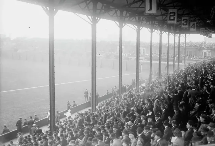Framed Print : 1st base grandstand at Shibe Park, Philadelphia, 1913 World Series (baseball), 1913. Creator: Bain News Service Framed Print : 1st base grandstand at Shibe Park, Philadelphia, 1913 World Series (baseball), 1913. Creator: Bain News Service