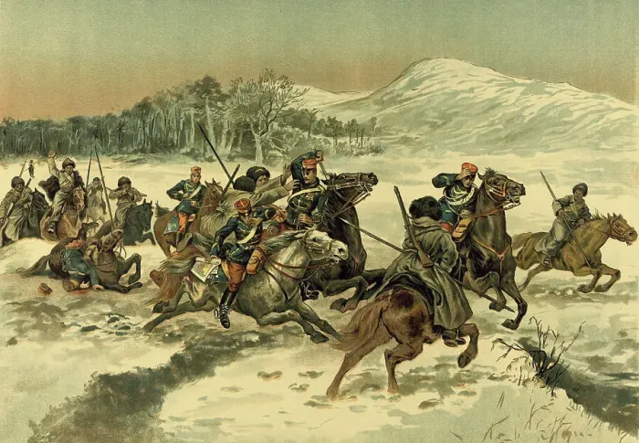 Framed Print : 1st Cossack Skirmish with the Japanese in Korea, 1904. Creator: Unknown Framed Print : 1st Cossack Skirmish with the Japanese in Korea, 1904. Creator: Unknown