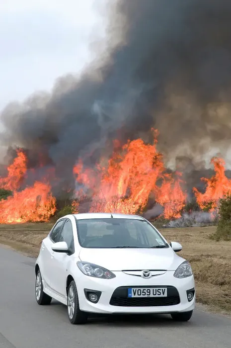 Framed Print : 2010 Mazda 2 Sport, controlled burning in New Forest Framed Print : 2010 Mazda 2 Sport, controlled burning in New Forest