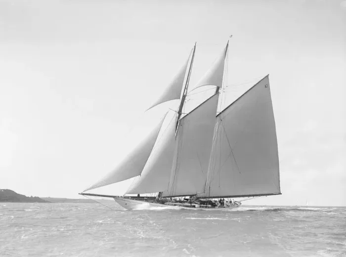 Framed Print : The 250 ton schooner Germania reaching in stiff wind, 1912. Creator: Kirk & Sons of Cowes Framed Print : The 250 ton schooner Germania reaching in stiff wind, 1912. Creator: Kirk & Sons of Cowes