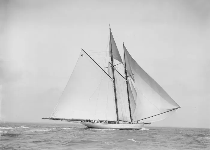 Framed Print : The 250 ton schooner Germania sailing downwind with spinnaker, 1912. Creator Framed Print : The 250 ton schooner Germania sailing downwind with spinnaker, 1912. Creator