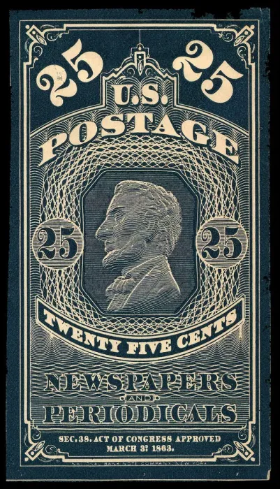 Framed Print : 25c Abraham Lincoln Newspapers and Periodicals trial color proof, 1865. Creator: Unknown Framed Print : 25c Abraham Lincoln Newspapers and Periodicals trial color proof, 1865. Creator: Unknown