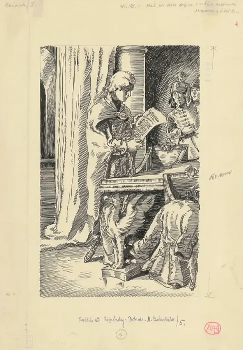 Framed Print : 28.-He stood at the table holding an unrolled parchment in his hands and reading it, 1953. Creator: Andrej Kovacik