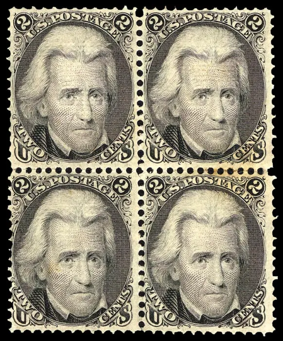 Framed Print : 2c Andrew Jackson F Grill block of four, 1868. Creator: Unknown