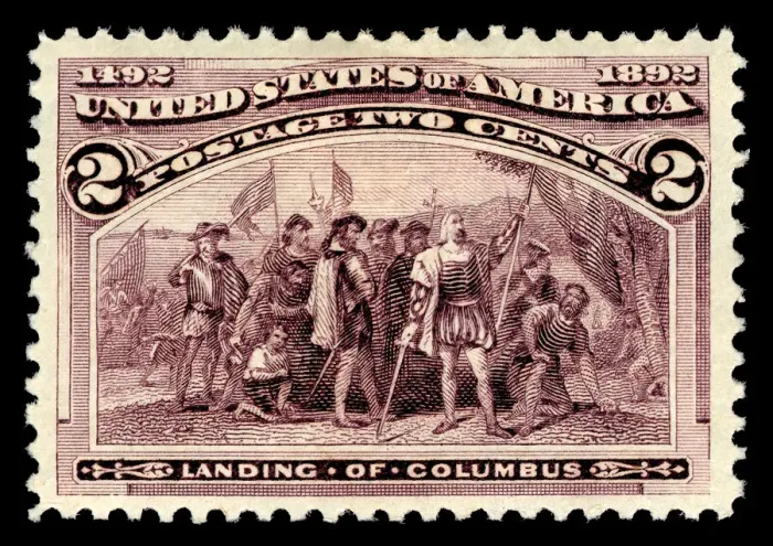 Framed Print : 2c Landing of Columbus single, 1893. Creator: American Bank Note Company Framed Print : 2c Landing of Columbus single, 1893. Creator: American Bank Note Company