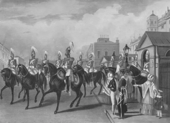 Framed Print : 2nd Life Guards Relieving Guard, 1844 (1909). Artist: James William Giles Framed Print : 2nd Life Guards Relieving Guard, 1844 (1909). Artist: James William Giles