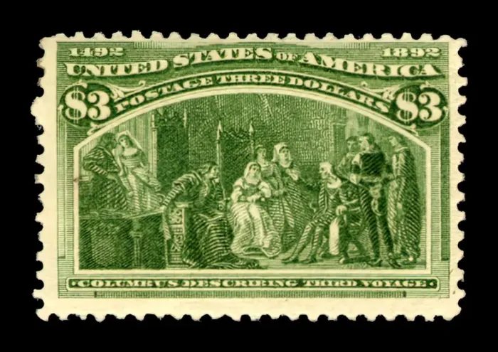 Framed Print : $3 Columbus Describing His Third Voyage single, 1893. Creator: American Bank Note Company Framed Print : $3 Columbus Describing His Third Voyage single, 1893. Creator: American Bank Note Company