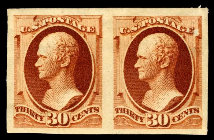Framed Print : 30c Alexander Hamilton India plate proof pair, 1888. Creator: American Bank Note Company Framed Print : 30c Alexander Hamilton India plate proof pair, 1888. Creator: American Bank Note Company