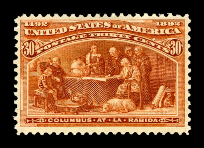 Framed Print : 30c Columbus at La Rabida single, 1893. Creator: American Bank Note Company Framed Print : 30c Columbus at La Rabida single, 1893. Creator: American Bank Note Company