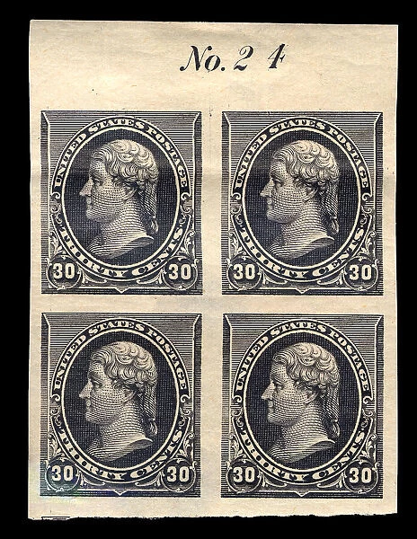 30c Thomas Jefferson proof plate block of four, February 22, 1890