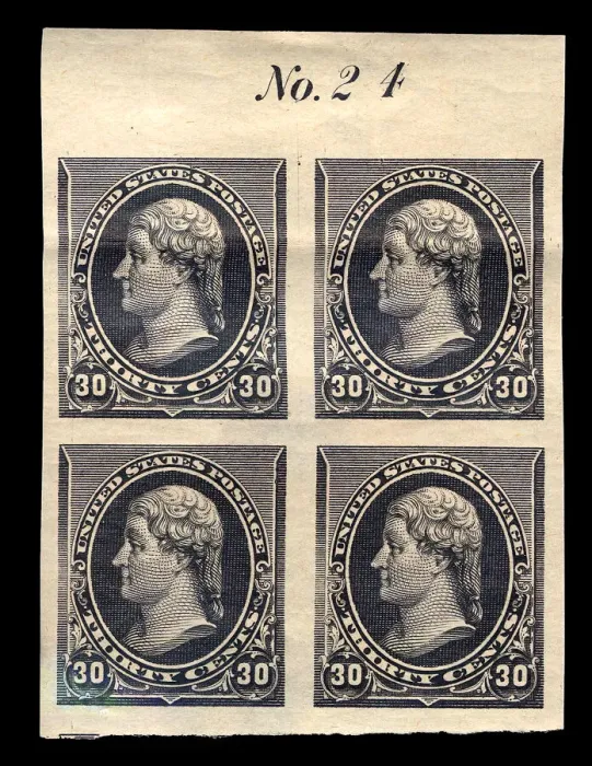 Framed Print : 30c Thomas Jefferson proof plate block of four, February 22, 1890 Framed Print : 30c Thomas Jefferson proof plate block of four, February 22, 1890
