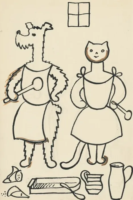 Framed Print : 33. Talking about a dog and a cat, around 1928. Creator: Josef Capek Framed Print : 33. Talking about a dog and a cat, around 1928. Creator: Josef Capek