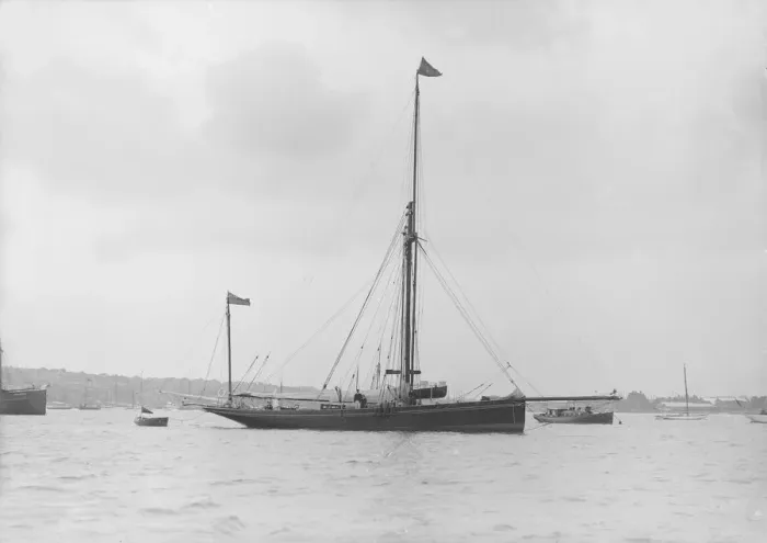 Framed Print : The 40 ton yawl Hyacinth at anchor, 1913. Creator: Kirk & Sons of Cowes Framed Print : The 40 ton yawl Hyacinth at anchor, 1913. Creator: Kirk & Sons of Cowes