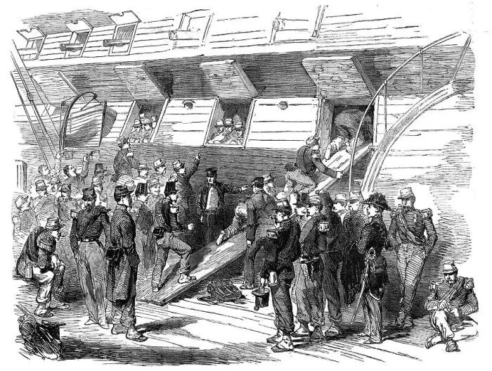 Framed Print : The 48th French Regiment of the Line embarking on board The St. Vincent English ship... 1854. Creator: Unknown. The 48th French Regiment of the Line embarking on board The St. Vincent English ship... 1854. Creator: Unknown Framed Print : The 48th French Regiment of the Line embarking on board The St. Vincent English ship... 1854. Creator: Unknown. The 48th French Regiment of the Line embarking on board The St. Vincent English ship... 1854. Creator: Unknown