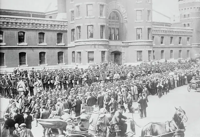 Framed Print : 48th Highlanders, 12th Infantry, & 10th Royal leave Toronto for camp, 1914. Creator: Bain News Service. 48th Highlanders, 12th Infantry, & 10th Royal leave Toronto for camp, 1914. Creator: Bain News Service Framed Print : 48th Highlanders, 12th Infantry, & 10th Royal leave Toronto for camp, 1914. Creator: Bain News Service. 48th Highlanders, 12th Infantry, & 10th Royal leave Toronto for camp, 1914. Creator: Bain News Service