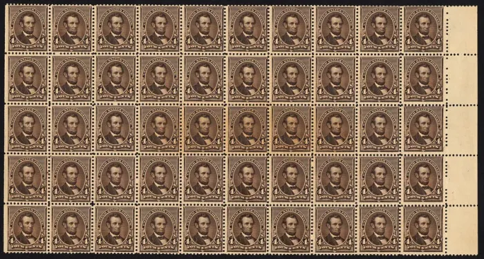 Framed Print : 4c Abraham Lincoln block of fifty, June 2, 1890. Creator: American Bank Note Company Framed Print : 4c Abraham Lincoln block of fifty, June 2, 1890. Creator: American Bank Note Company