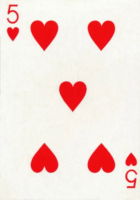 Framed Print : 5 of Hearts from a deck of Goodall & Son Ltd. playing cards, c1940 Framed Print : 5 of Hearts from a deck of Goodall & Son Ltd. playing cards, c1940