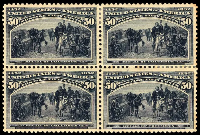 Framed Print : 50c Recall of Columbus block of four, 1893. Creator: Unknown Framed Print : 50c Recall of Columbus block of four, 1893. Creator: Unknown