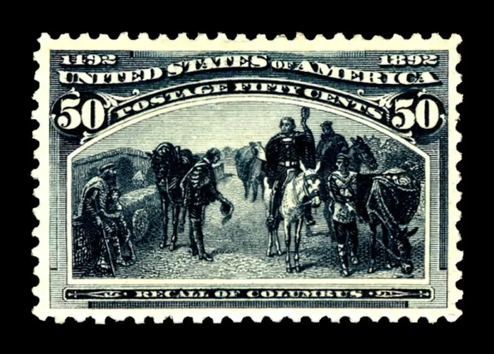 Framed Print : 50c Recall of Columbus single, 1893. Creator: American Bank Note Company Framed Print : 50c Recall of Columbus single, 1893. Creator: American Bank Note Company
