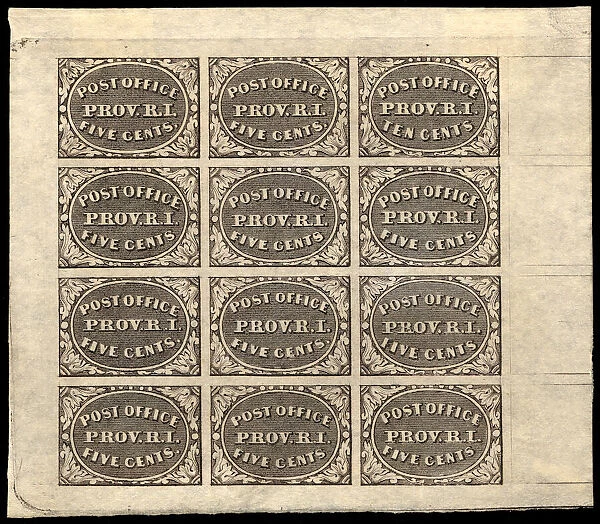 5c and 10c Providence, RI postmaster provisional sheet of twelve, 1846. Creator: Unknown