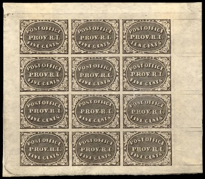 Framed Print : 5c and 10c Providence, RI postmaster provisional sheet of twelve, 1846. Creator: Unknown Framed Print : 5c and 10c Providence, RI postmaster provisional sheet of twelve, 1846. Creator: Unknown