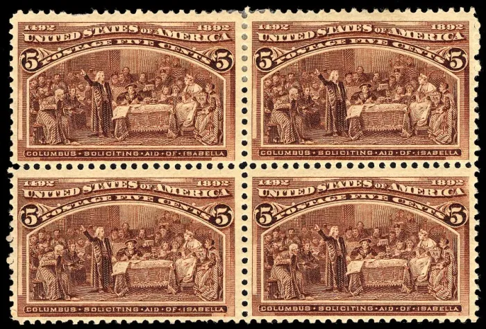 Framed Print : 5c Columbus Soliciting Aid from Queen Isabella block of four, 1893. Creator: Unknown Framed Print : 5c Columbus Soliciting Aid from Queen Isabella block of four, 1893. Creator: Unknown