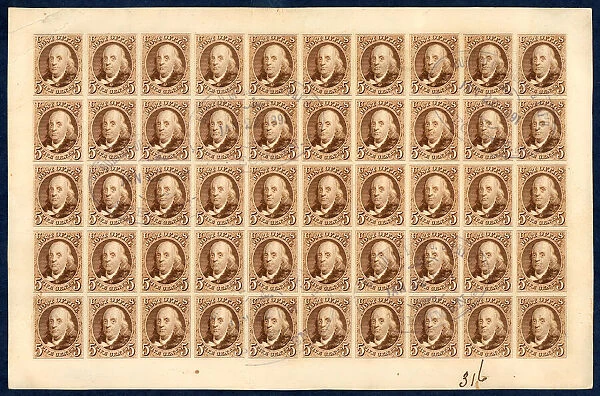 5c Franklin reproduction card plate proof sheet of fifty, 1891