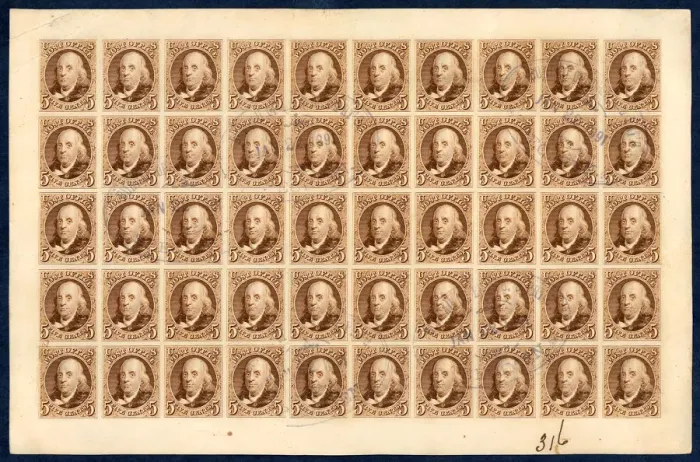 Framed Print : 5c Franklin reproduction card plate proof sheet of fifty, 1891 Framed Print : 5c Franklin reproduction card plate proof sheet of fifty, 1891