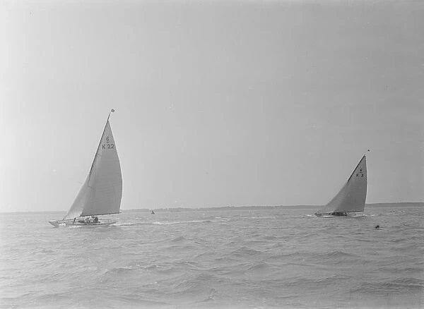 The 6 Metre Class Marion and Victoria racing close-hauled