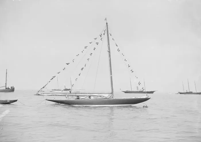 Framed Print : The 6 Metre Cremona moored with flags, 1913. Creator: Kirk & Sons of Cowes Framed Print : The 6 Metre Cremona moored with flags, 1913. Creator: Kirk & Sons of Cowes