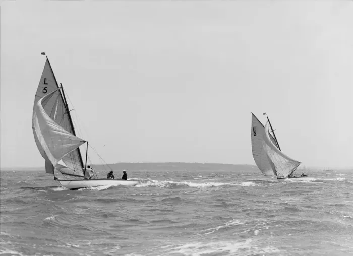 Framed Print : The 6 Metre Snowdrop and Correnzia racing downwind, 1911. Creator: Kirk & Sons of Cowes Framed Print : The 6 Metre Snowdrop and Correnzia racing downwind, 1911. Creator: Kirk & Sons of Cowes