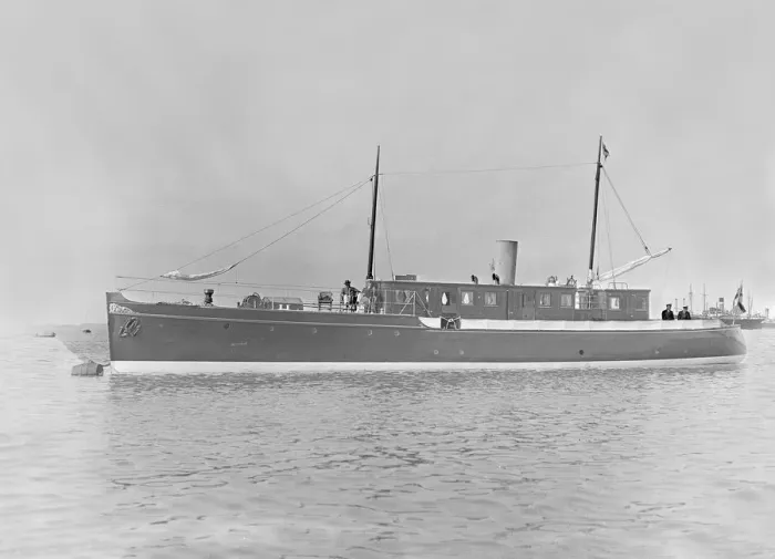 Framed Print : The 65 ton motor yacht Mairi at anchor, 1921. Creator: Kirk & Sons of Cowes Framed Print : The 65 ton motor yacht Mairi at anchor, 1921. Creator: Kirk & Sons of Cowes