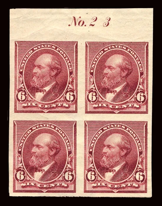 Framed Print : 6c James A. Garfield proof plate block of four, February 22, 1890 Framed Print : 6c James A. Garfield proof plate block of four, February 22, 1890
