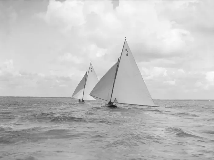 Framed Print : The 7 Metre class Anitra (K4) and Ginevra (K7) race downwind, 1912. Creator Framed Print : The 7 Metre class Anitra (K4) and Ginevra (K7) race downwind, 1912. Creator