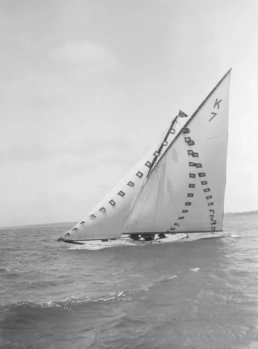 Framed Print : The 7 Metre Ginerva (K7) under sail with prize flags, 1912. Creator: Kirk & Sons of Cowes Framed Print : The 7 Metre Ginerva (K7) under sail with prize flags, 1912. Creator: Kirk & Sons of Cowes