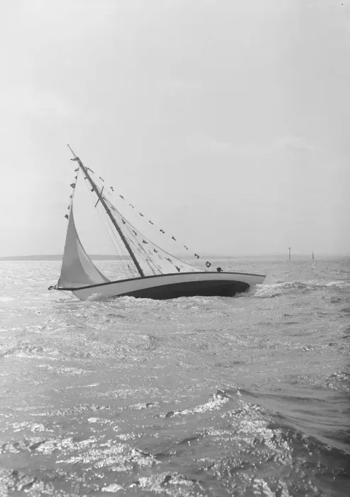 Framed Print : The 7 Metre Ginerva (K7) under sail with prize flags, 1912. Creator: Kirk & Sons of Cowes Framed Print : The 7 Metre Ginerva (K7) under sail with prize flags, 1912. Creator: Kirk & Sons of Cowes